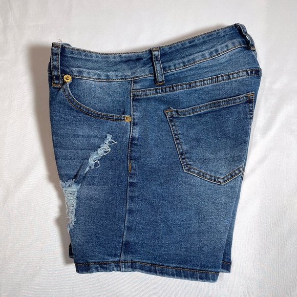 2 blue Distressed Button Denim Shorts - Picture 4 of 6